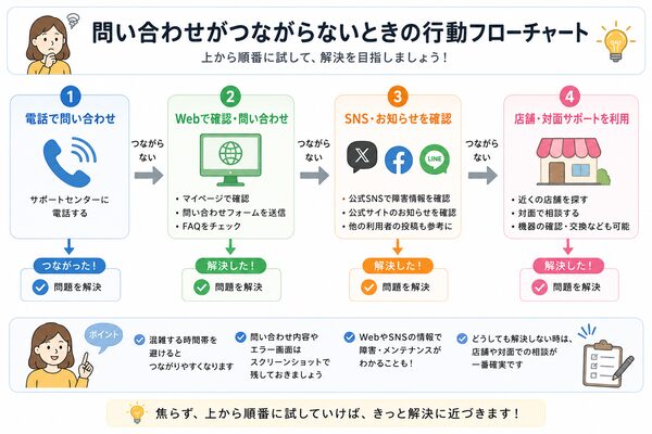 問い合わせがつながらないときの行動フローチャート（電話→Web→SNS→店舗）
