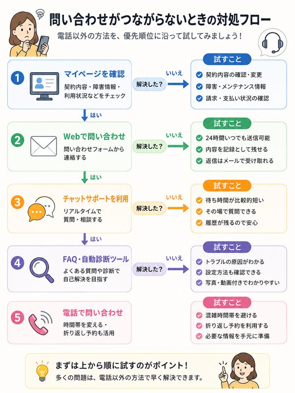 問い合わせ方法の優先順位（電話以外も含めた対処フローチャート）