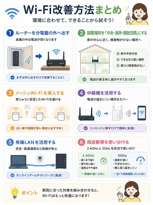 Wi-Fi改善方法まとめ（ルーター位置・メッシュWi-Fi・中継機・有線LAN）