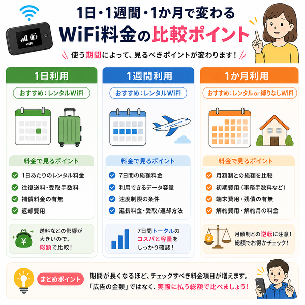 1日・1週間・1か月で変わるWiFi料金の比較ポイント