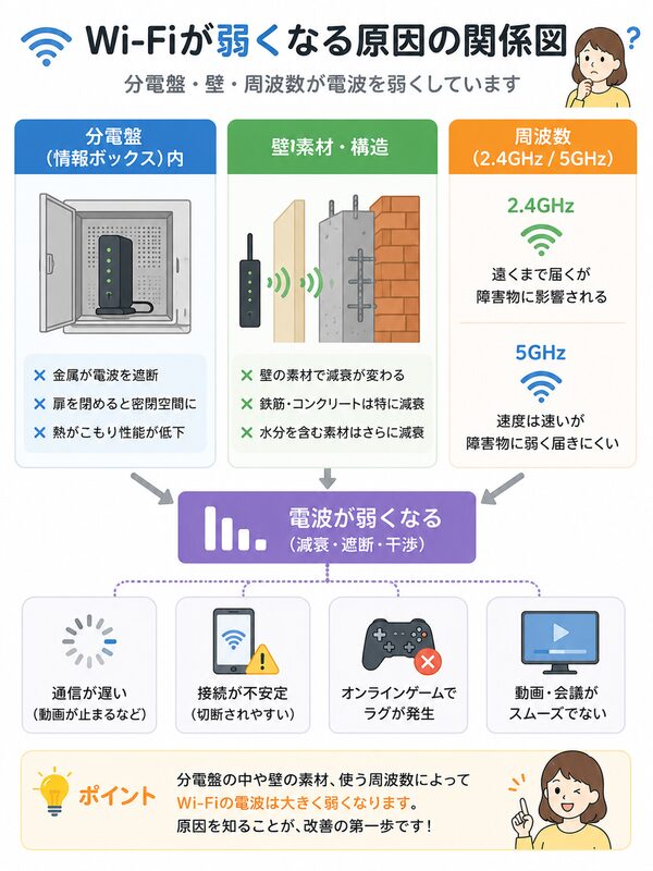 Wi-Fiが弱くなる原因（分電盤・壁・周波数）の関係図