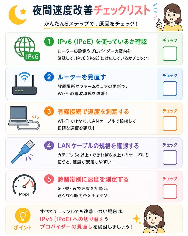 夜間速度改善チェックリスト(IPv6・ルーター・有線接続・LANケーブル・速度測定)