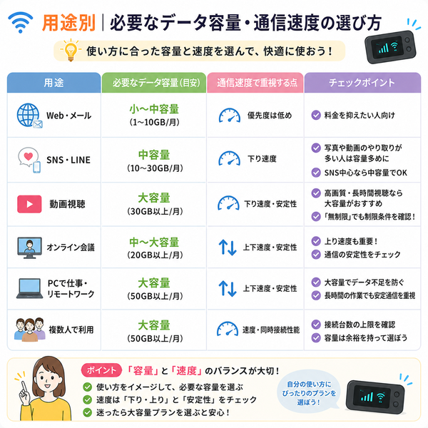 用途別|必要なデータ容量・通信速度の選び方
