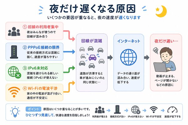 夜だけ遅くなる原因(混雑・PPPoE・IPv6未対応・Wi-Fi干渉)の関係図