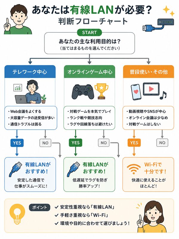 あなたは有線LANが必要?判断フローチャート(テレワーク・ゲーム・普段使い)