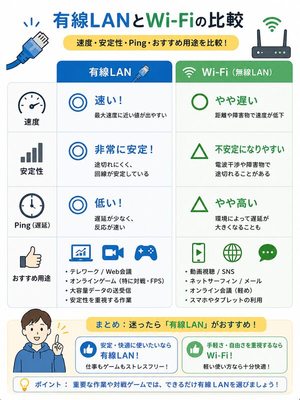 有線LANとWi-Fiの比較図(速度・安定性・Ping・おすすめ用途)