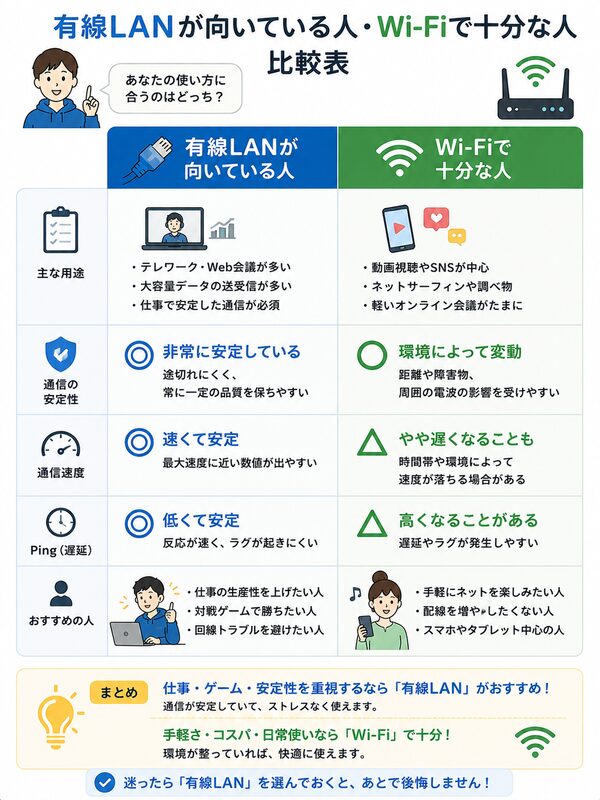 有線LANが向いている人・Wi-Fiで十分な人比較表