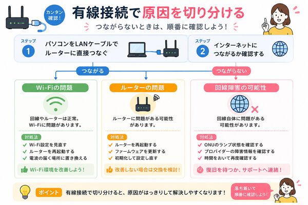 有線接続で原因を切り分ける比較図(Wi-Fi故障?回線障害?ルーター故障?)